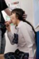 Sitting on bench wearing uniform sucking cock
