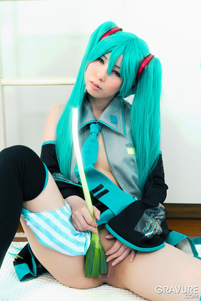Miku Oguri in cosplay outfit flashing panties and shaved pussy