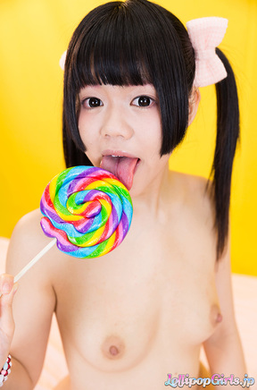 Shinjo Nozomi nude in pigtails sucking cock and licking cum from lolipop