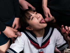 Kogal Komatsu Aya in uniform receiving bukkake facials