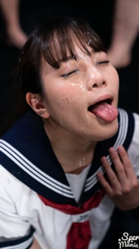 Kogal Komatsu Aya in uniform receiving bukkake facials