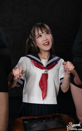 Kogal Kurumi Ria kneeling giving handjobs milking cocks and cum on hands