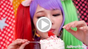 Atomi Shuri playing with ice cream while giving handjob